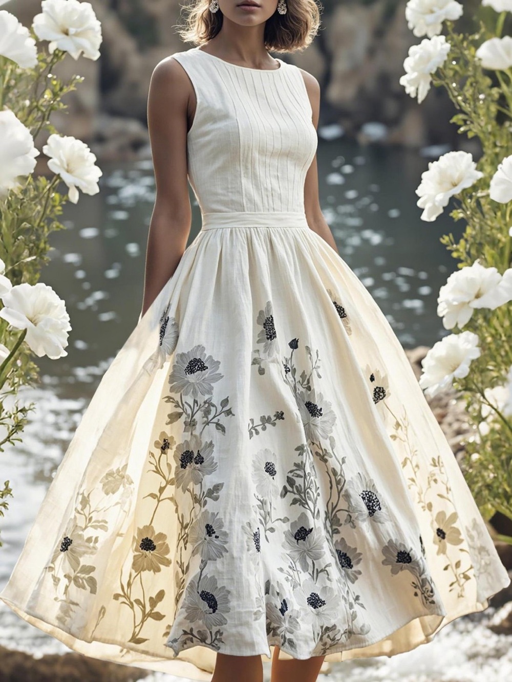 Chillinen/Linen Vibes Elegant White Floral A-Line Midi Dress